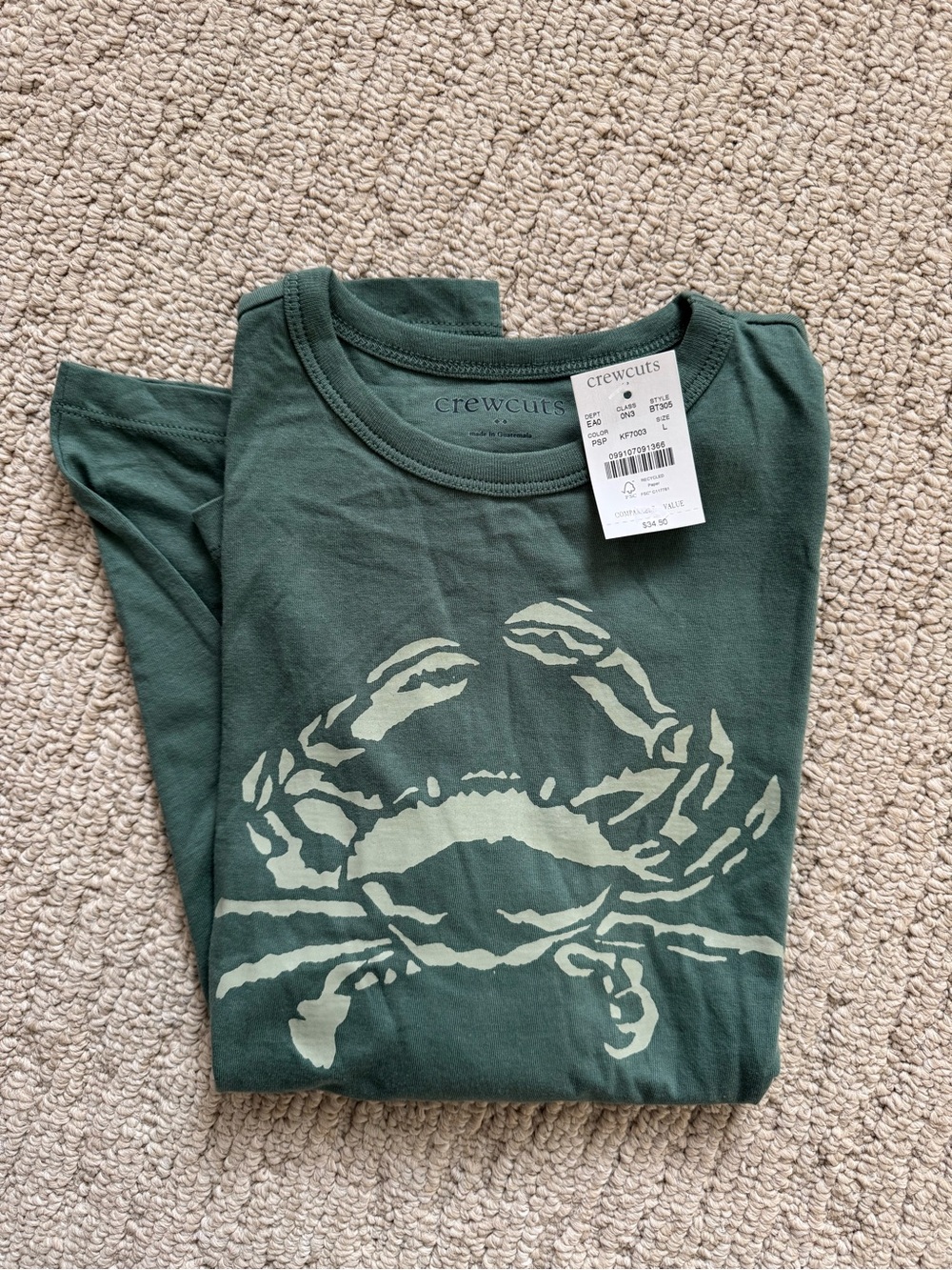 NWT! J. Crewcuts sage green long-sleeve with Crab Graphic, size L